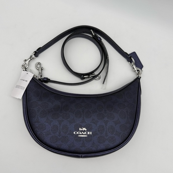 Coach Aria Shoulder Bag In Signature Canvas Silver Blue Navy - Picture 2 of 11